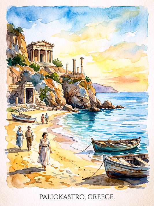 Coastal Beach Wall Decor Frame. A4. Water Colour Style - Paliokastro Greece