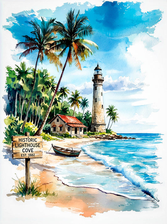 Coastal Beach Wall Decor Frame. A4. Water Colour Style - Historic Light House Cove